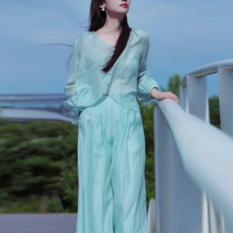 French Style Ladies Elegant Wear High-end Light Luxury Fashion Casual Blue Wide Leg Pants Professional Suit Women's Summer