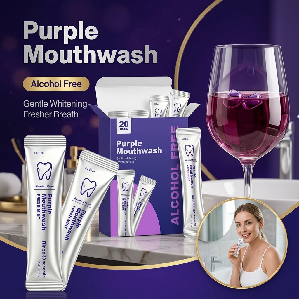 Premium in-stock purple whitening mouthwash for teeth cleaning and oral care, a popular product