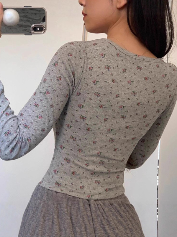 碎花方领长袖t恤打底衫女秋冬2025新款设计感小众修身显瘦上衣服|undefined