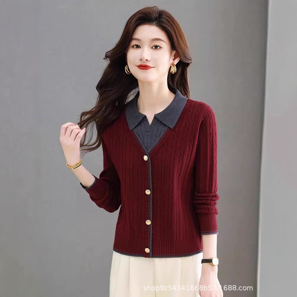 Fake Two-Piece Sweater for Women in Autumn and Winter, Thickeneded Loose Sweater, New Fashionable Style, Lapel, Western Style Knitted Bottoming Shirt for Women