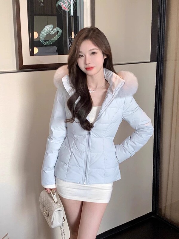 2025短款收腰羽绒棉服女冬季新款修身显瘦连帽毛领小个子棉衣外套|undefined