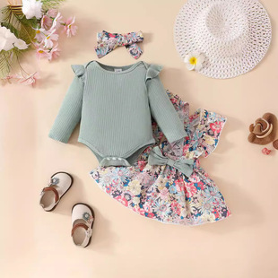 Cross-border foreign trade infant long sleeve bow strap skirt flower three-piece suit
