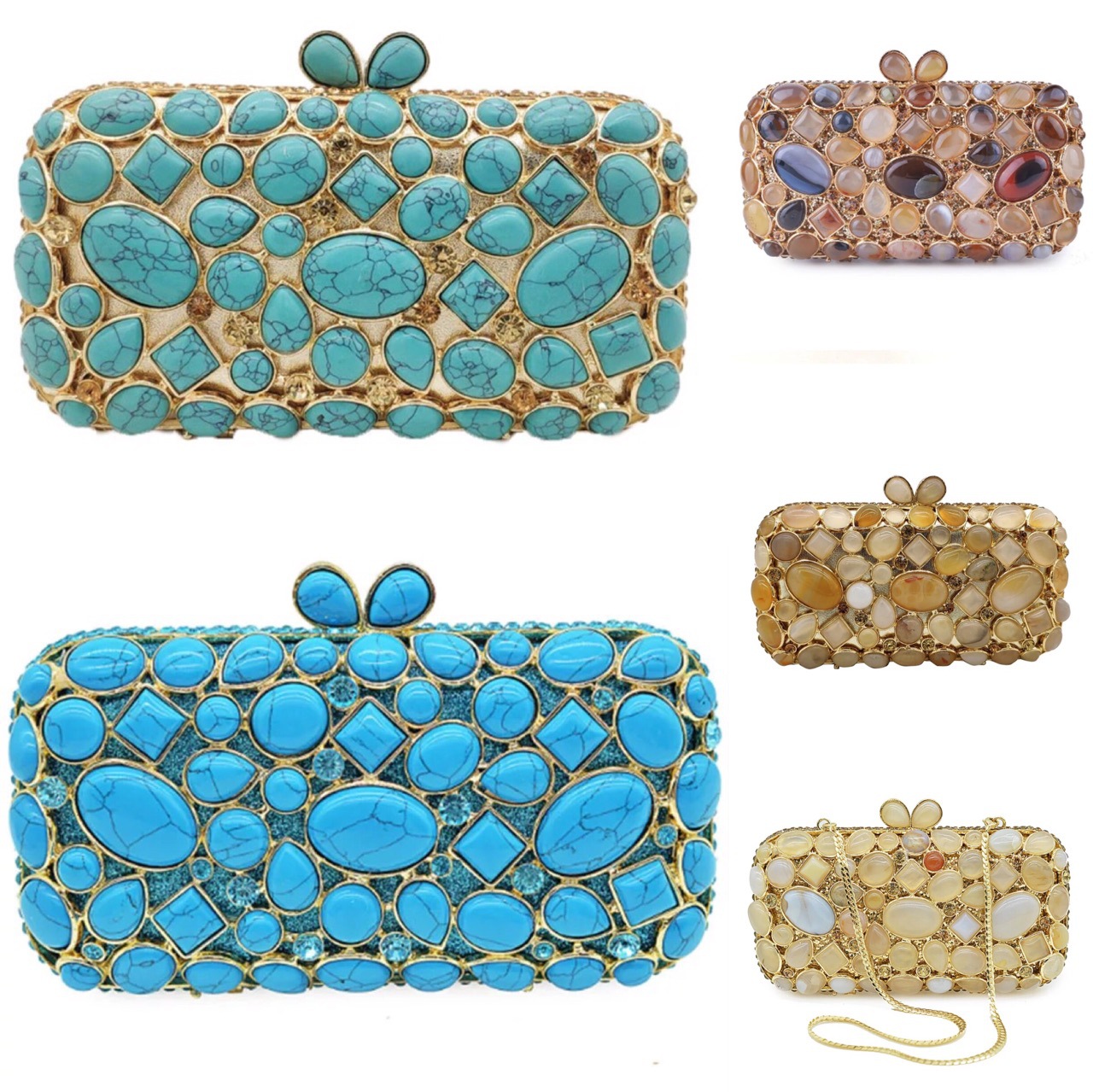 Túi clutch dạ tiệc đính đá rhinestone mã não màu ngọc lam — Màu vàng chi tiết 10