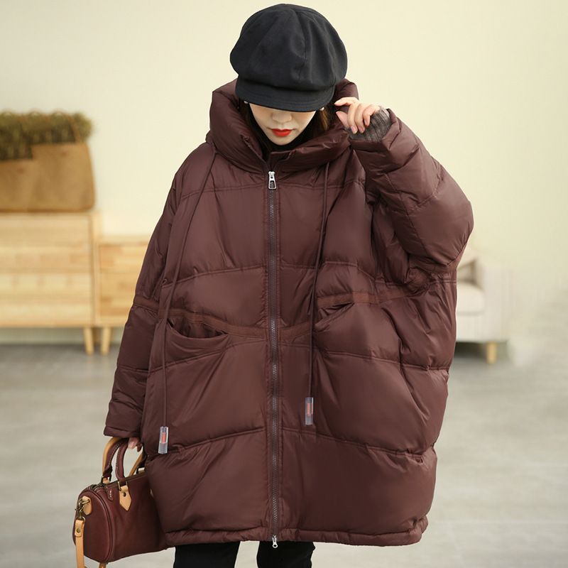Cross-border Autumn and Winter New Hooded Stitching Pendant Down Jacket Women's Mid-length plus size Loose White Duck Down Bread Clothing for Women