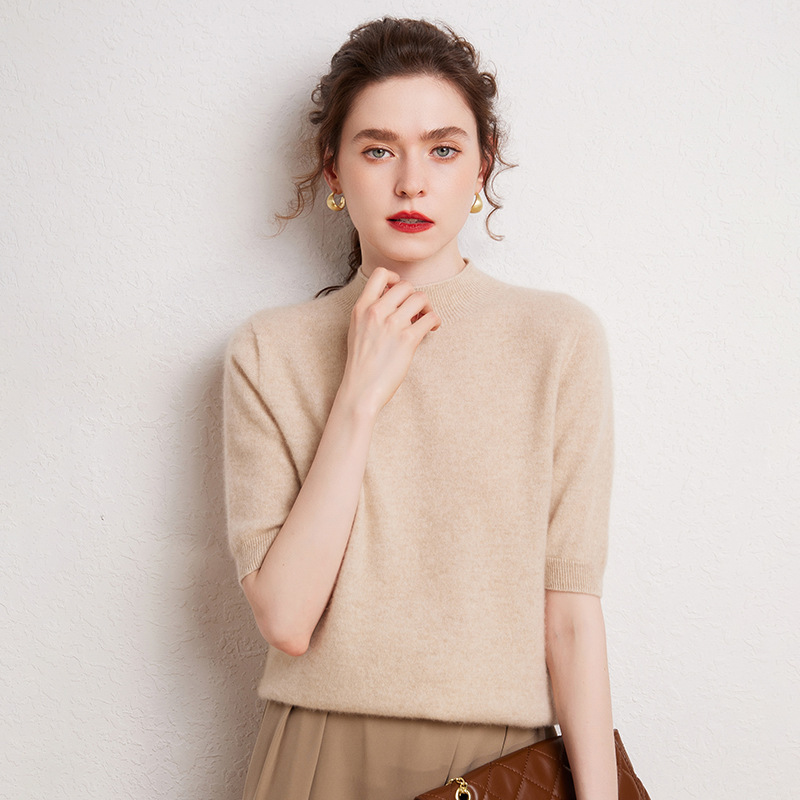 Cashmere half sleeve women's 100% pure cashmere autumn and winter new first-line garment half turtleneck knitted bottoming short sleeve sweater