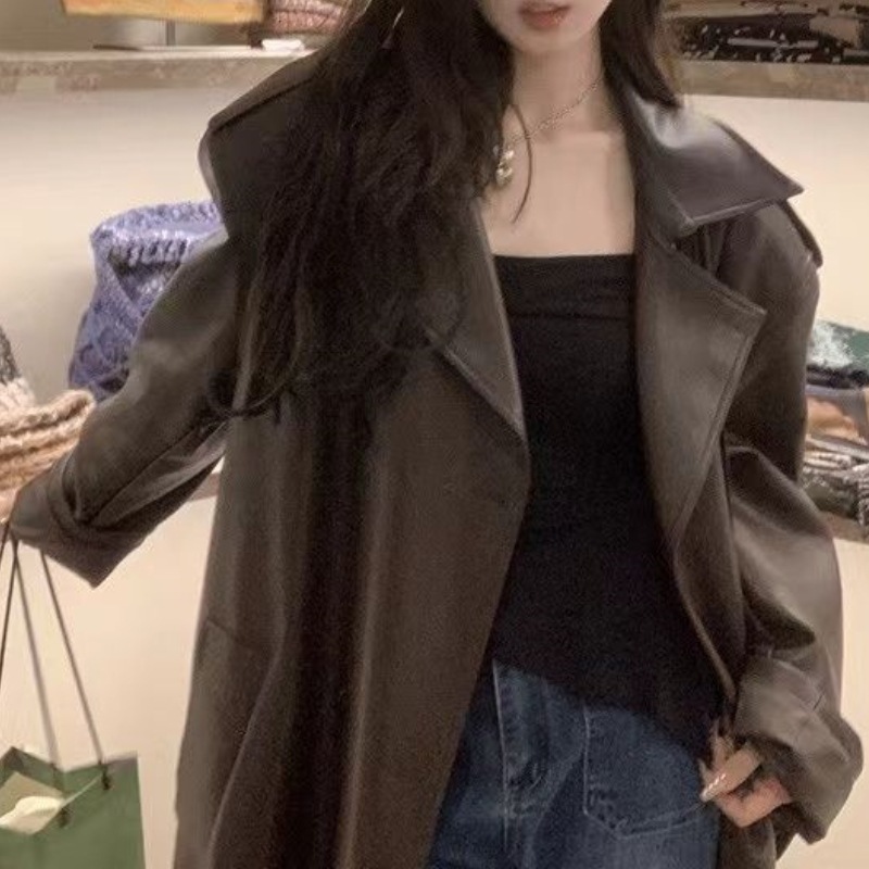 重工皮衣中长款欧美辣妹设计感风衣外套女2025春秋PU皮过膝大衣潮