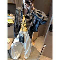 摩且 无性别主义 复古工装风口袋格纹撞色插肩袖衬衫外套 MQ0710