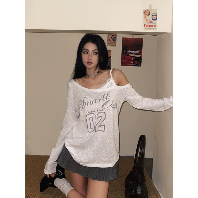 Pure Desire Style Lace Strap Off-Shoulder Design Long-Sleeve T-Shirt for Women, New Summer Model, Unique Faux Two-Piece Cover-Up Top, Trendy Pure Desire Style Lace Strap Off-Shoulder Design Long-Sleeve T-Shirt for Women, New Summer Model, Unique Faux Two-Piece Cover-Up Top, Trendy