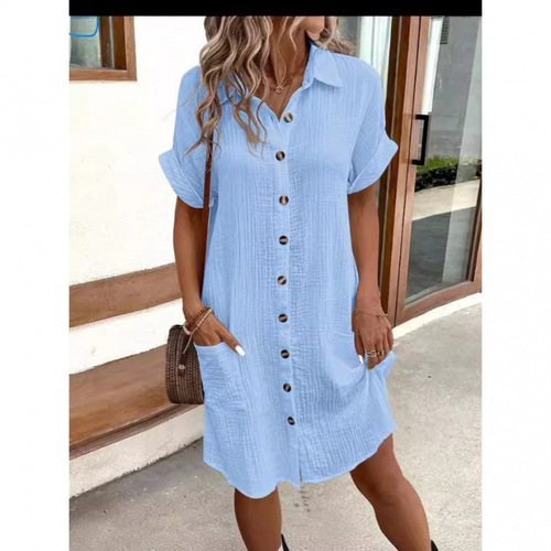 2025 Amazon European and American Cross-border Leisure Solid Color One-Button Mid-length Short-sleeve Loose Leisure Dress for Women