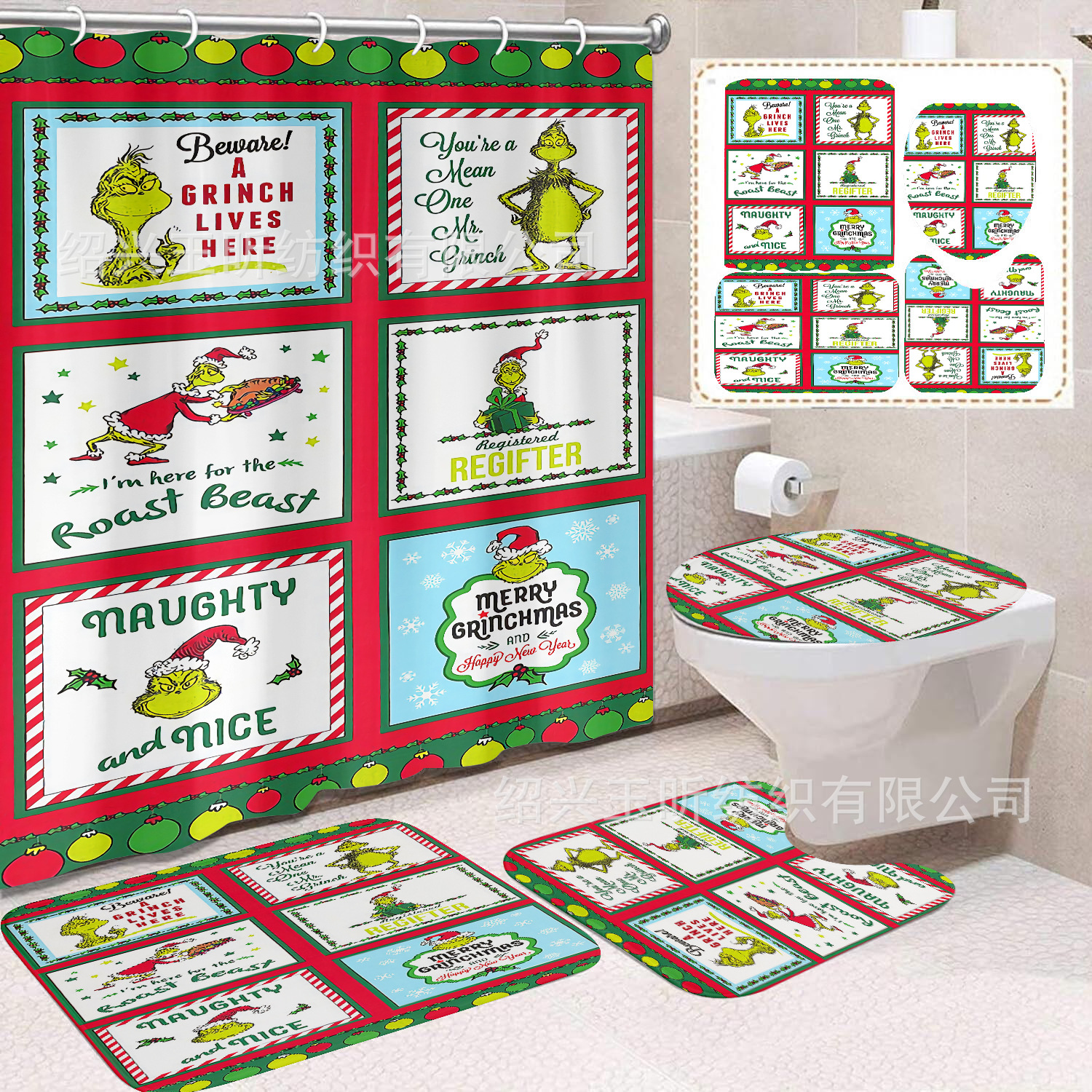 Tela de cortina de ducha transfronteriza, cortina de ducha impermeable, alfombra antideslizante de baño, juego de Grinch 4 de pelo verde al por mayor, sin perforación