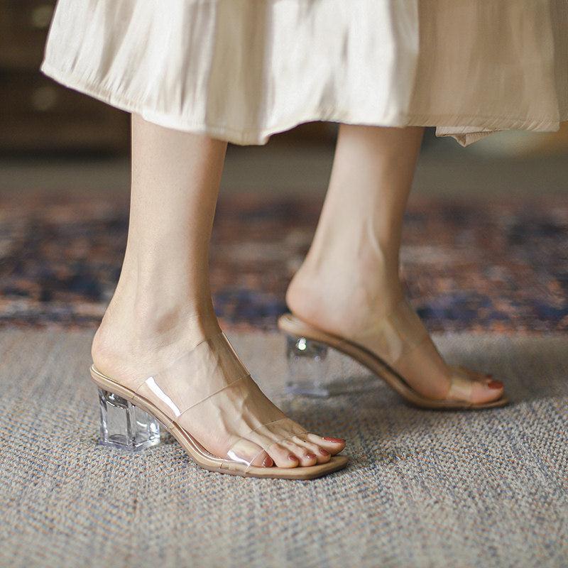 Transparent Sandals For Women Summer Flat Medium Heel Thick Heel Crystal High Heels Fairy Style One-line Sandals Slippers