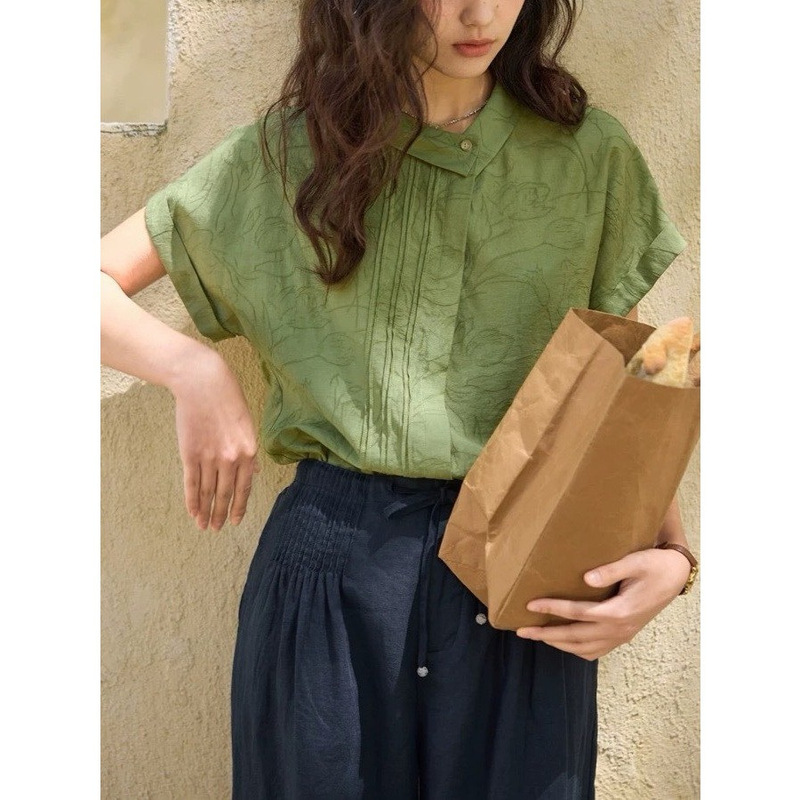 Soilghter French Linen Jacquard Asymmetric Lapel Shirt Women's Summer 2026 New Short-Sleeved Top