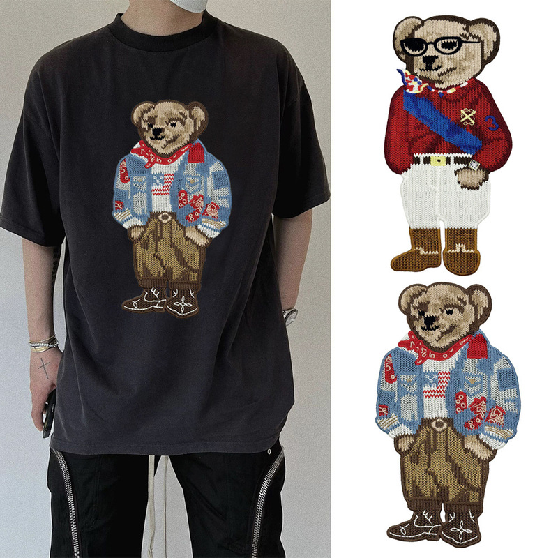 American-Style Casual Embroidered Bear Patch Decoration for Tops, Knitwear, Sweatshirts, Large Patch Sewing Accessories