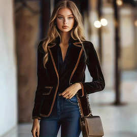 欧美女式西装独立站早春秋季高定撞色职业工作服正装宽松修身上衣