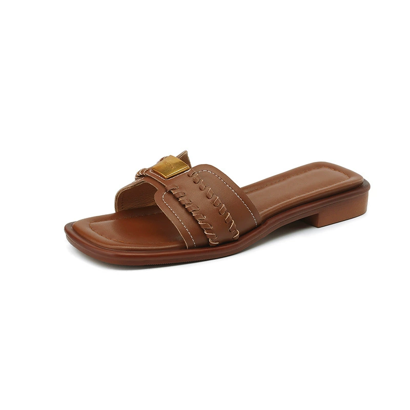 Retro woven summer slippers with a strap, genuine leather