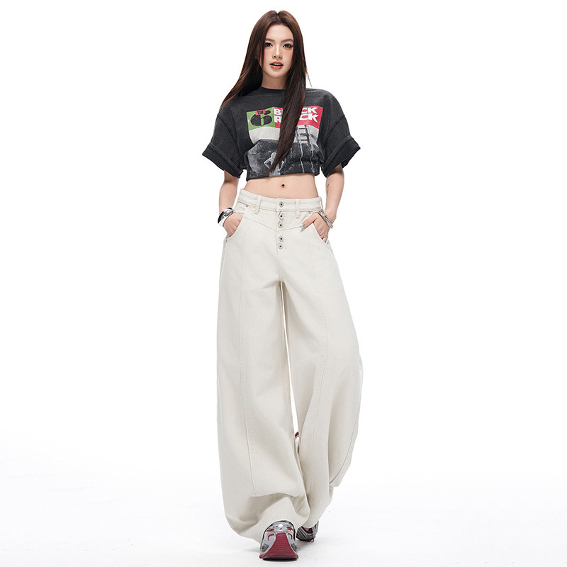American-Style Gray-White Wide-Leg Jeans for Women, 2026 Summer New Design with Buttoned Design, Loose Casual Curved Pants