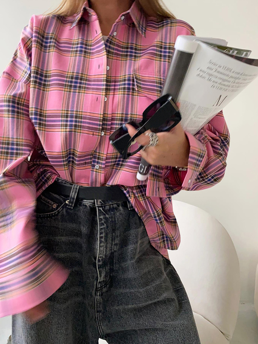 Retro Pink Plaid Collared Loose Shirt in Blouses & Shirts