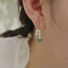 「蓝水哦」复古港味翡翠算盘珠珍珠耳夹女无耳洞可戴法式小众耳钉