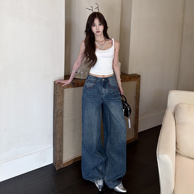 New Trendy American-Style Heavy-Duty Washed Color-Block Embroidered Wide-Leg Jeans for Women, Supports Dropshipping New Trendy American-Style Heavy-Duty Washed Color-Block Embroidered Wide-Leg Jeans for Women, Supports Dropshipping