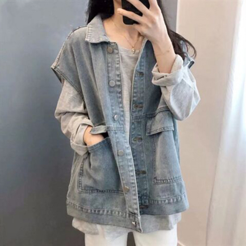 复古做旧拼皮牛仔短外套女设计感小众休闲宽松小个子短款洋气上衣|undefined