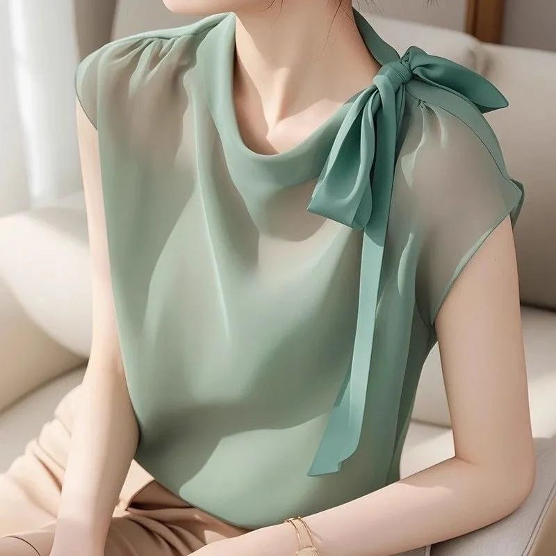 Áo sơ mi lụa nữ tay ngắn cổ nơ bướm kiểu Pháp — xanh lá cây chi tiết 2