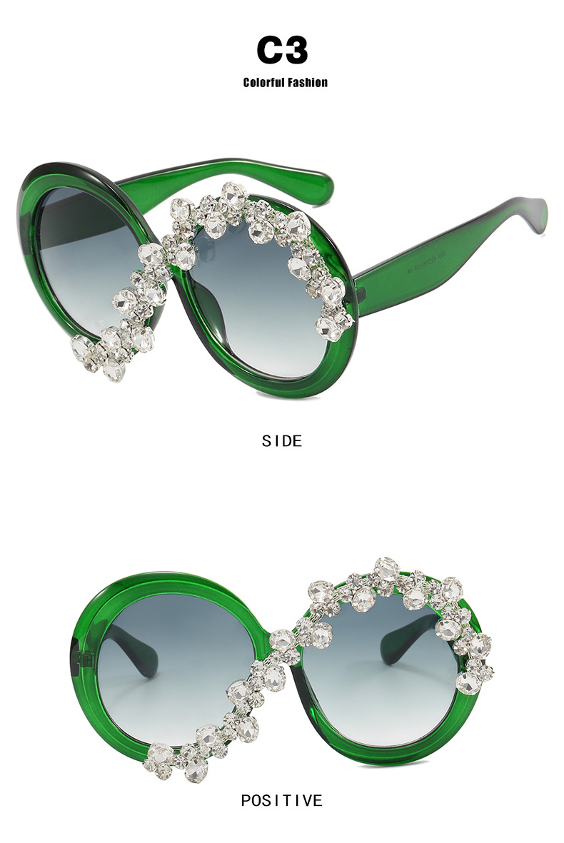 Women'S Gender Diamond Design Exaggerated Round Ac UV400 Protection Round Frame Diamond Full Frame Women's Sunglasses