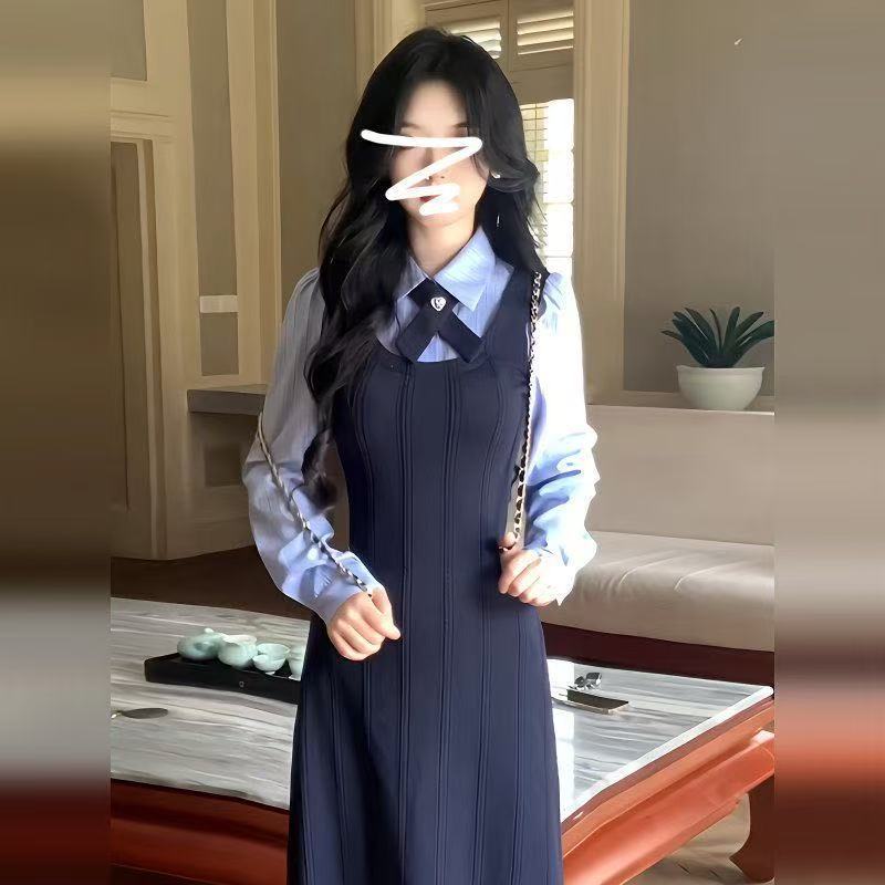 学院风假两件套装黑色背带连衣裙女秋冬季2025新款高级感内搭长裙|undefined