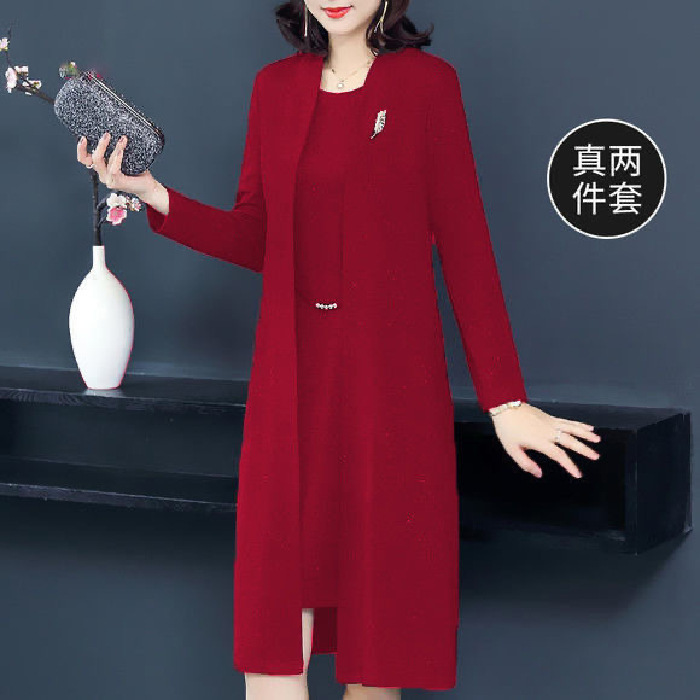 中高年のお母さんの秋服ワンピース2点セット、おしゃれな40代女性の春秋用ウインドブレーカーコートセット、アーティスティックでレトロなスタイル|undefined
