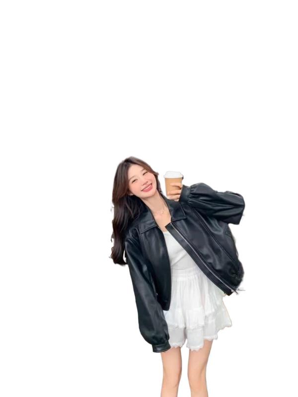 皮衣外套女款2025新款春秋季感黑色显瘦皮夹克小个子上衣设计感潮|undefined