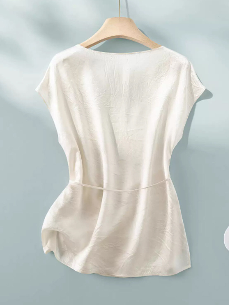 Áo sơ mi nữ satin bóng cao cấp cổ một chữ tay ngắn mùa hè — màu be