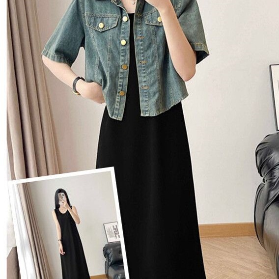 Retro Denim Shawl Jacket Paired with a Sleeveless Vest and Long Skirt Two-Piece Set for Women, Summer Belly-Covering Slimming Dress Set Retro Denim Shawl Jacket Paired with a Sleeveless Vest and Long Skirt Two-Piece Set for Women, Summer Belly-Covering Slimming Dress Set