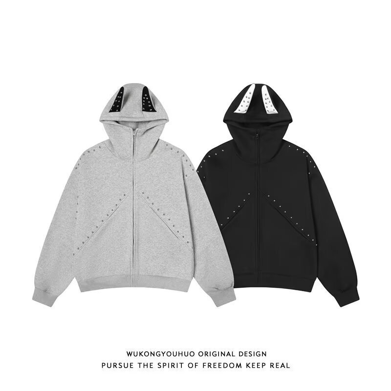 Heavy Weight High Quality Doberman Ear Design Rivet Splicing Hooded Sweatshirt Loose Casual Jacket for Men and Women