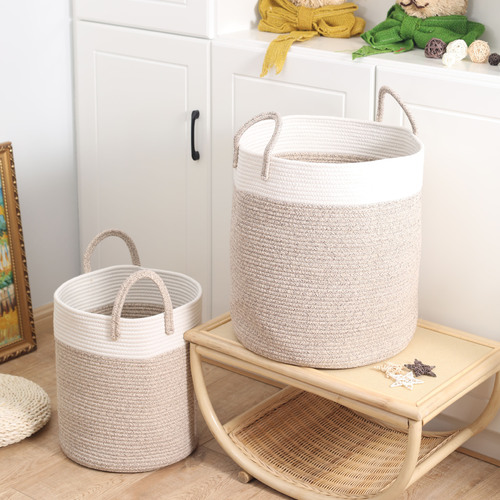 Japanese-style cotton rope woven storage basket round debris storage box cotton cord with handle dirty clothes basket toy basket organizing basket