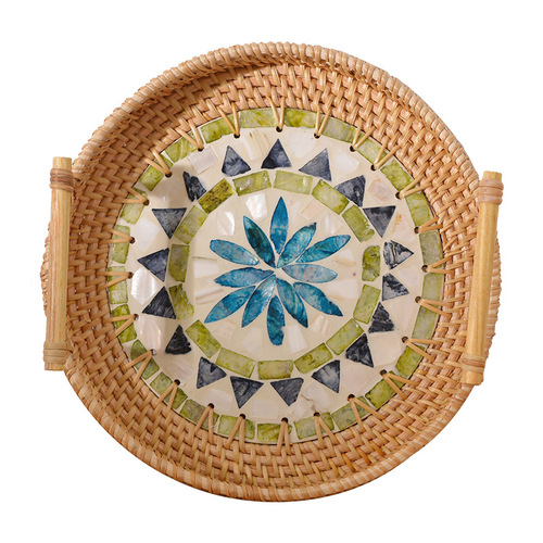 Rattan handmade light luxury weaving creative colorful shell water picnic fruit plate decorative ornaments simple round ear tray