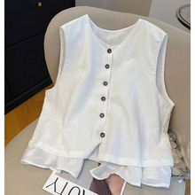 高级感白色苎麻花边无袖衬衫女夏季2025宽松棉麻减龄轻薄亚麻小衫