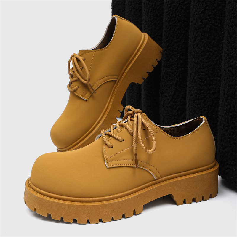 Derby Shoes Men's Low-Top British Style Martin Rhubarb Boots Round-Toe Big-Toe Shoes Black Work Shoes Thick-Soled Casual Leather Shoes