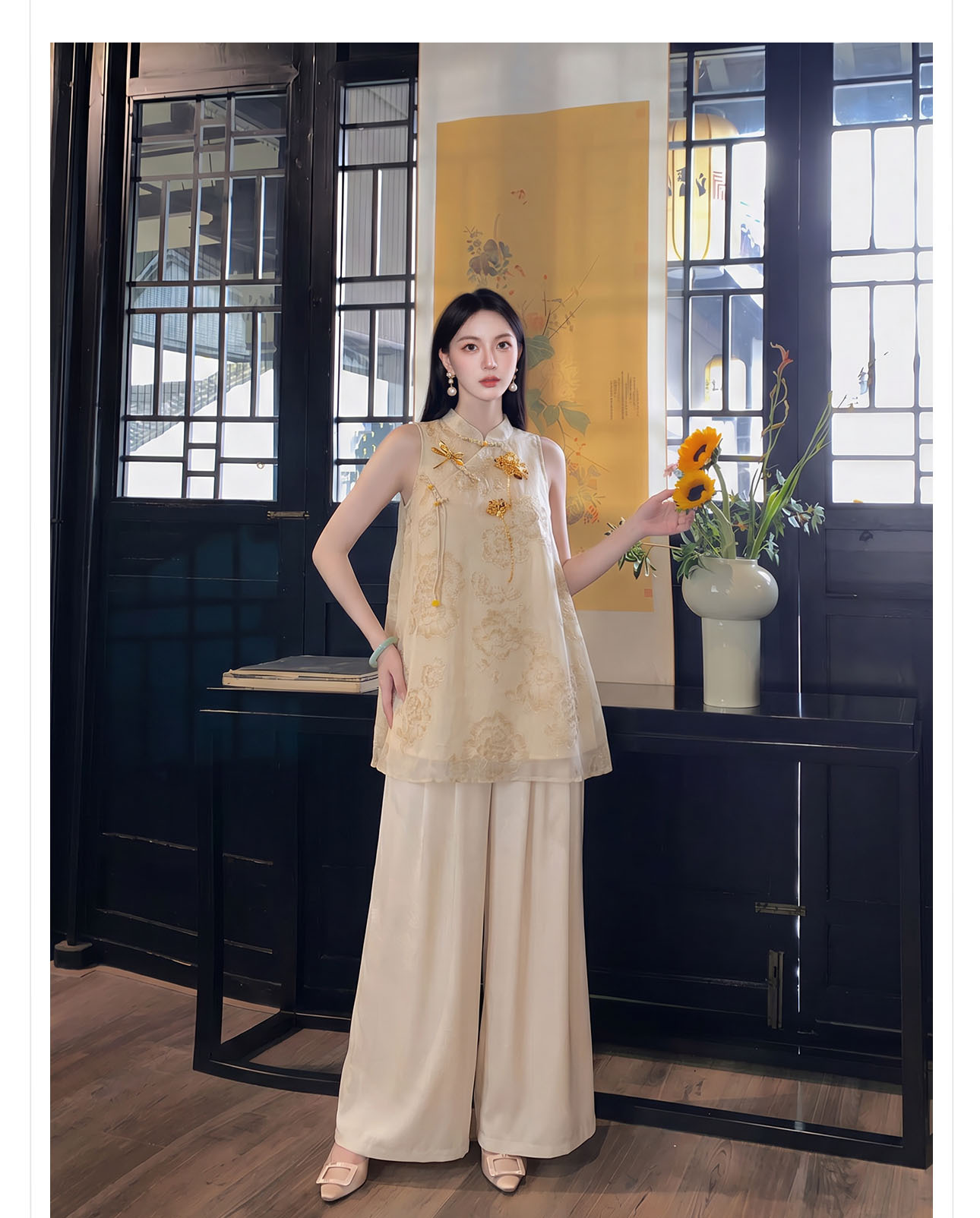 Đầm maxi nữ thắt eo thiết kế cổ điển họa tiết hoa nổi — Gừng chi tiết 11