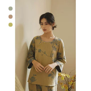 秋季新款纯棉双层纱布睡衣女士古风玉兰花提花长袖圆领家居服套装