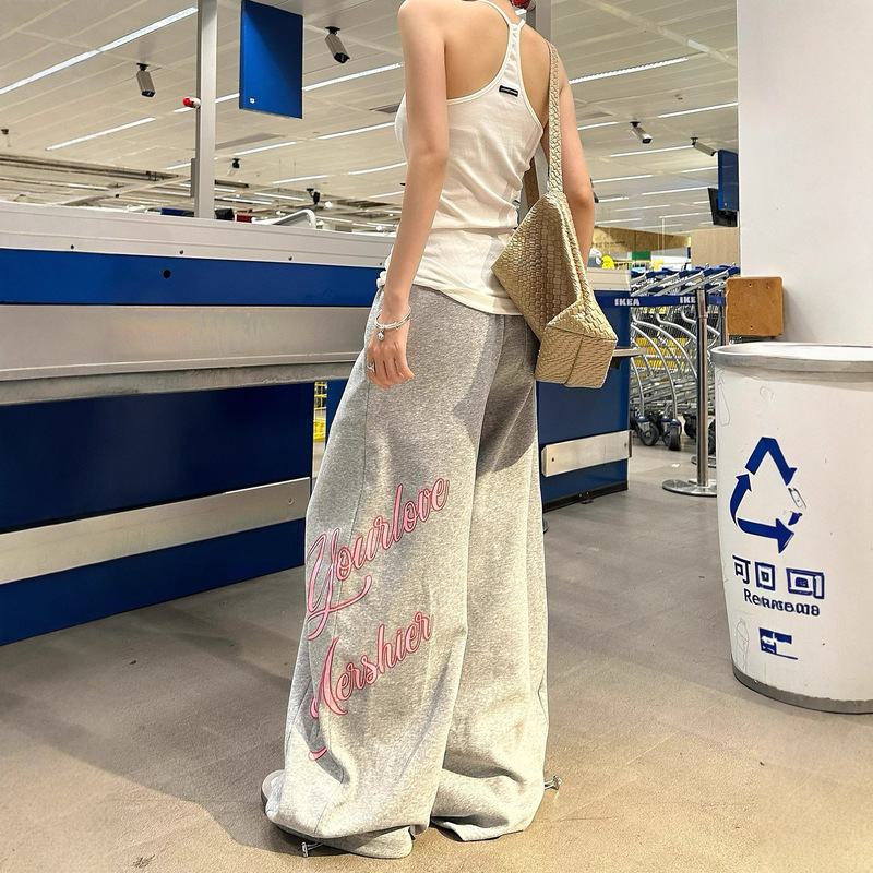 Loose Wide-Leg Pants Jazz Dance Casual Pants Floor-Length American Style Relaxed Letter Rhinestone Sweatpants for Women