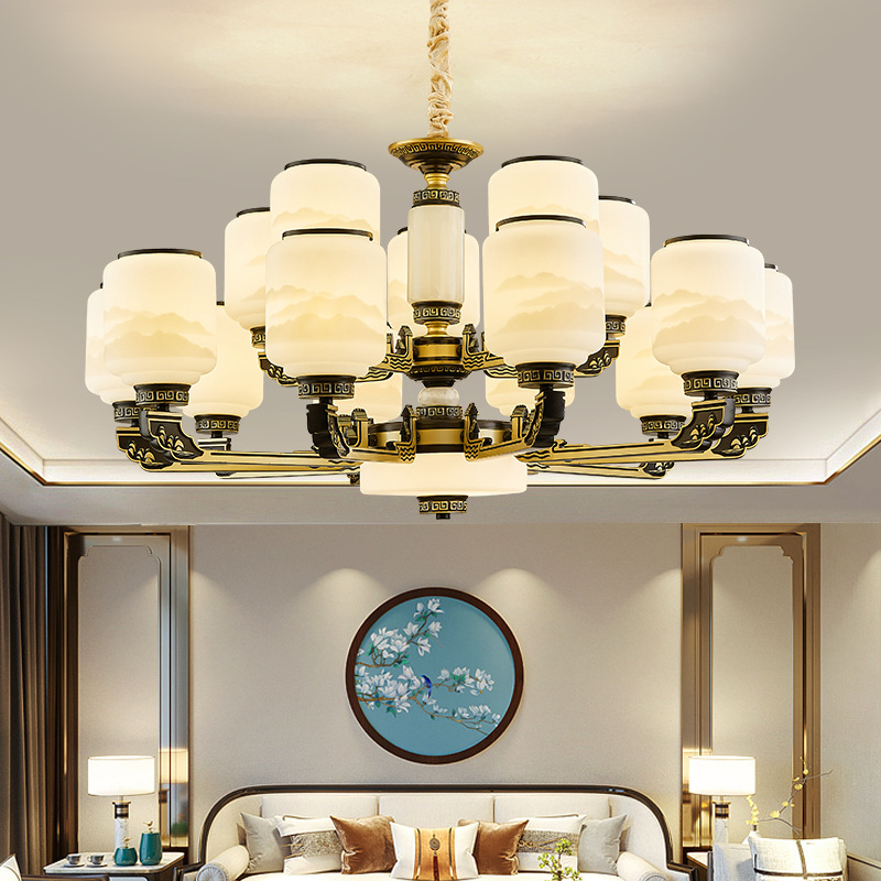 新中式客厅吊灯中国风现代餐厅卧室灯别墅大厅家用复式楼玉石灯具