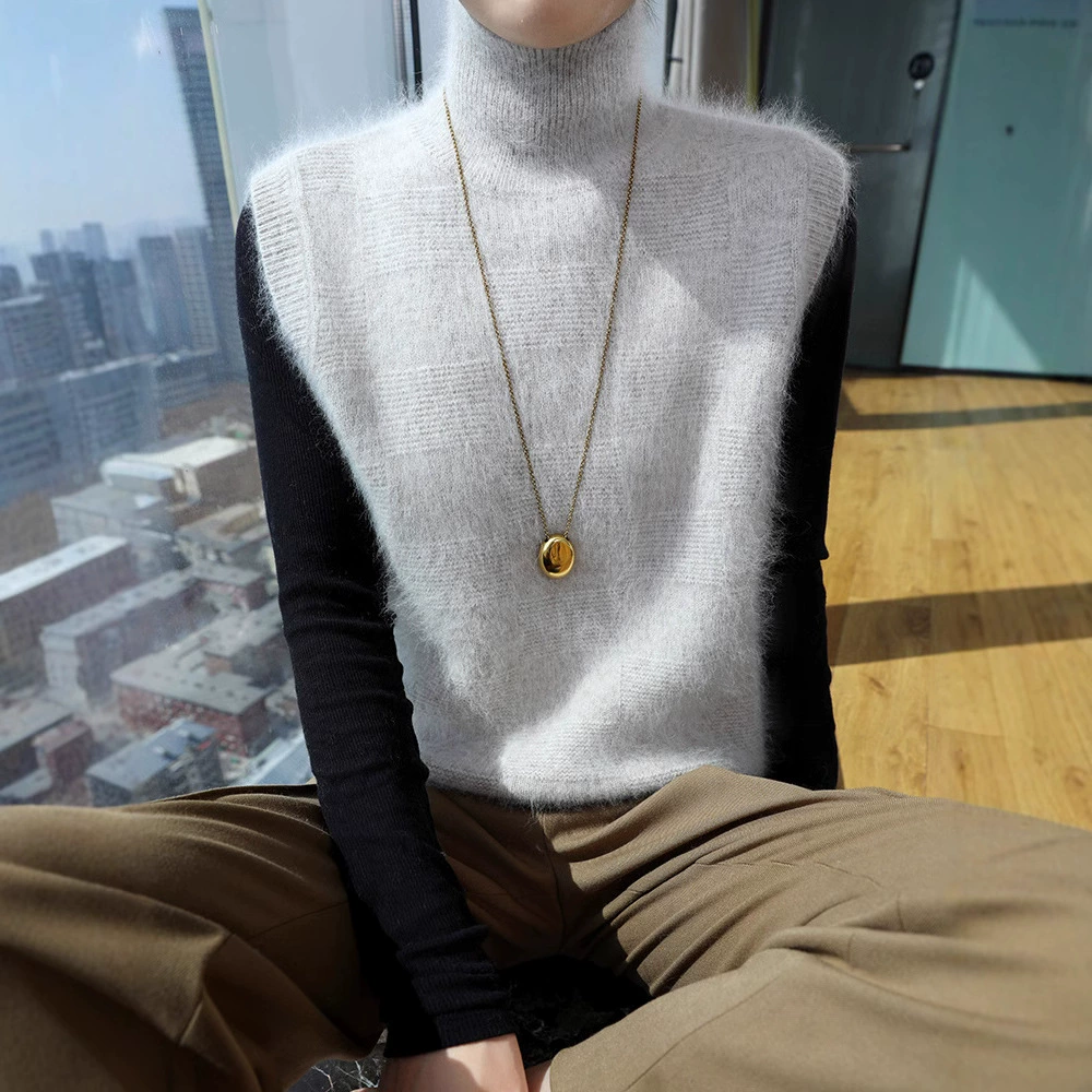 Новая весна и осень 2025 года норка с высоким воротником вязаный жилет свитер мягкий клейкий теплый без рукавов