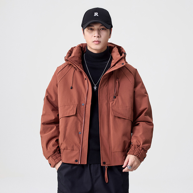 2025 invierno nuevo engrosado chaqueta encapuchada abrigo de marca de moda ladrillo rojo gran stock de algodón colgante