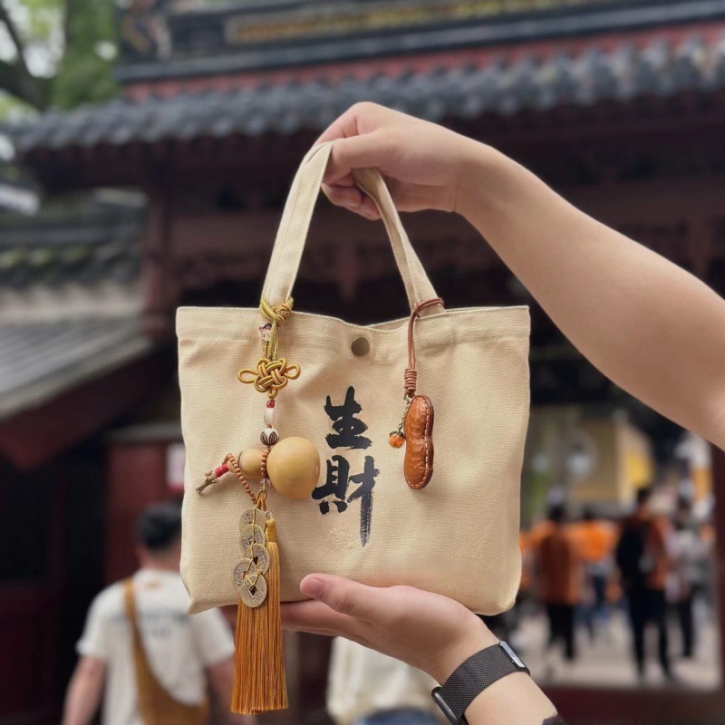 中国风高颜值复古水桶包上班族便捷手提帆布包水桶型手拎便当包女