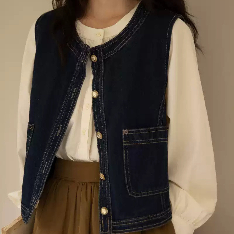 Japanese Style College Style Vintage Denim Vest Women's Early Spring and Autumn New Arrival Dark Stacked Vest for Small Men Japanese Style College Style Vintage Denim Vest Women's Early Spring and Autumn New Arrival Dark Stacked Vest for Small Men