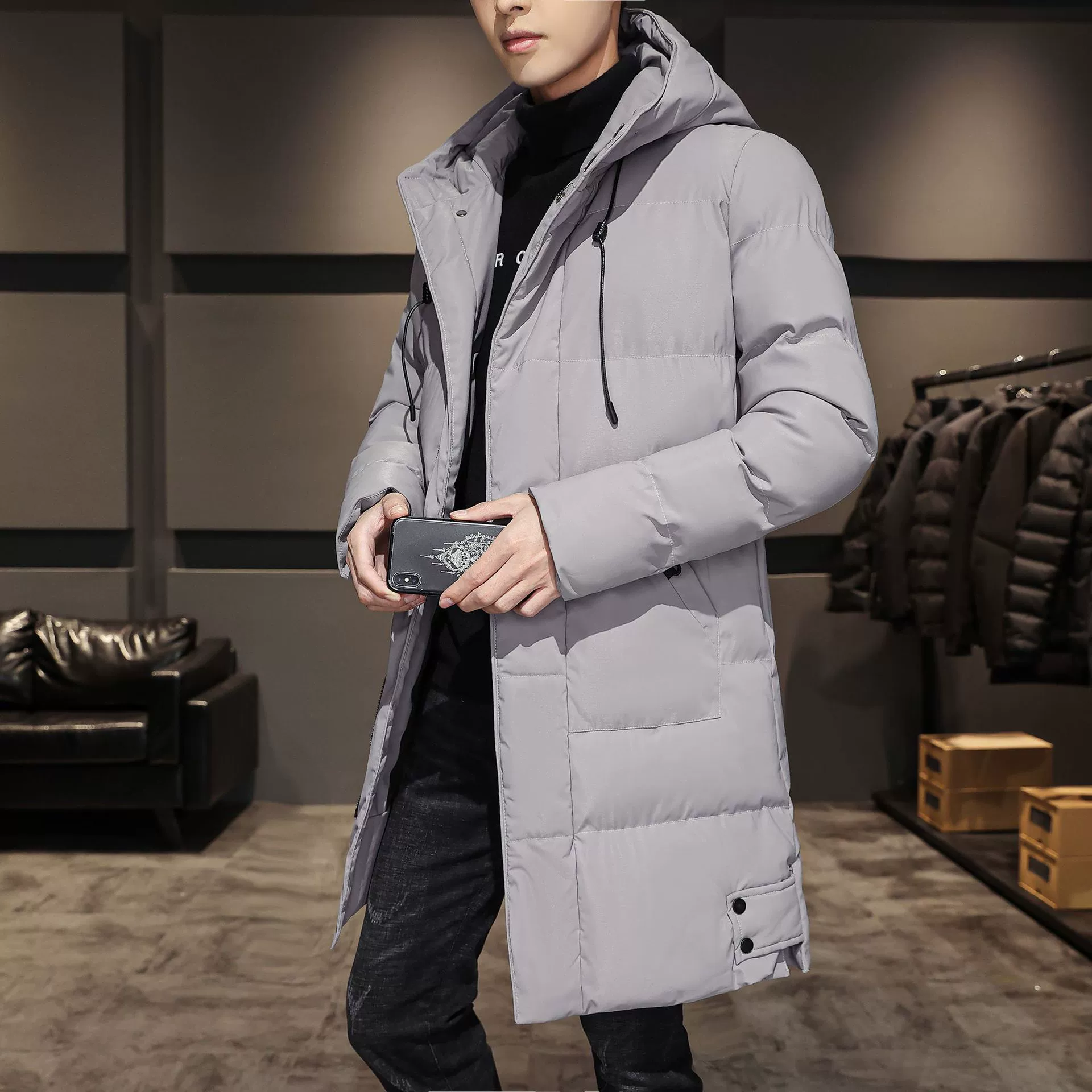Long demi-season down jacket, mid-length, increased thickness