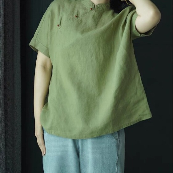 新中式棉麻衬衫女夏季高端亚麻短袖立领小衫复古苎麻禅意茶服上衣|undefined