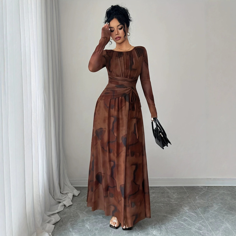 Elegant Women's Elastic Waist A-line Brown Long Dress Wedding Guest Dress Party Fashionable and Versatile