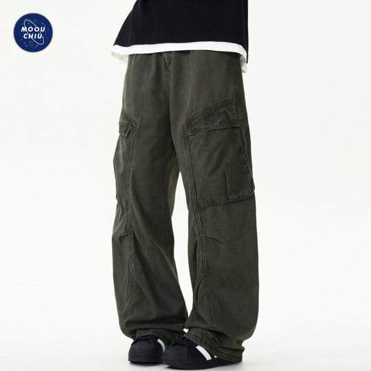 Muqiu Men's Wear ∠ Maillard Street Vintage Washed Multi-Pocket Crane Pants Men's and Women's Loose Wide-Leg Casual Pants