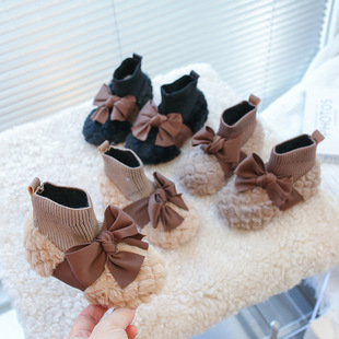 Girls Mao Mao Shoes 2024 Winter Children's Cotton Shoes Boys Korean Shoes fleece-lined Bow Children's Shoes Baby Socks Boots