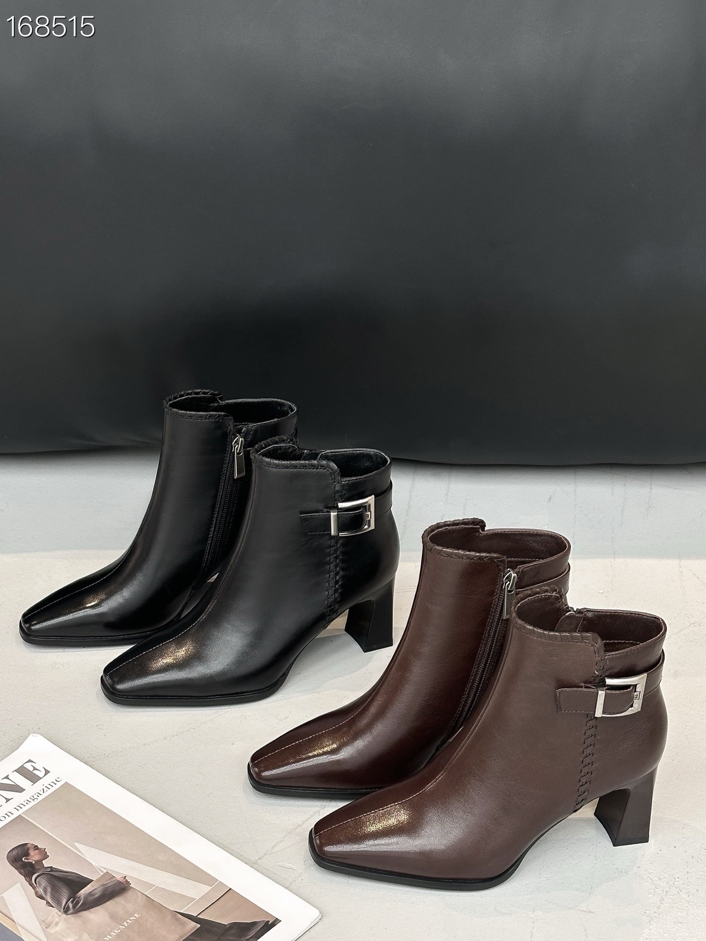 Boot nữ cổ thun gót vuông khóa kéo bên mũi vuông phong cách Chelsea — Màu đen chi tiết 8